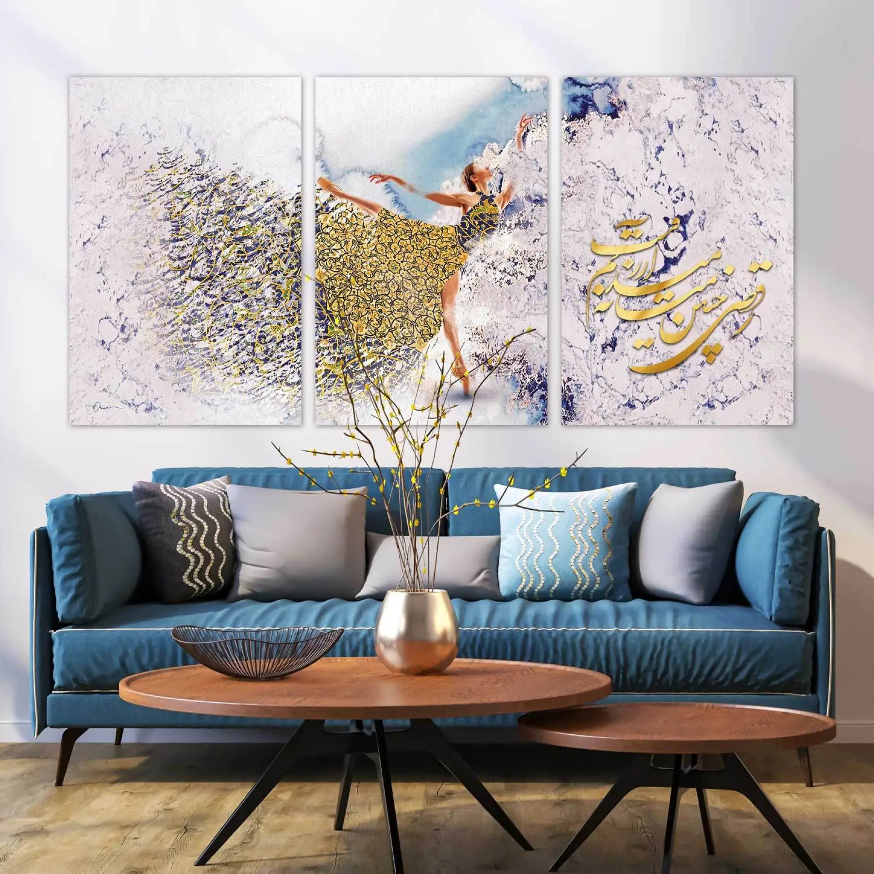 A pastel whirling dancer across three panels with Rumi&
