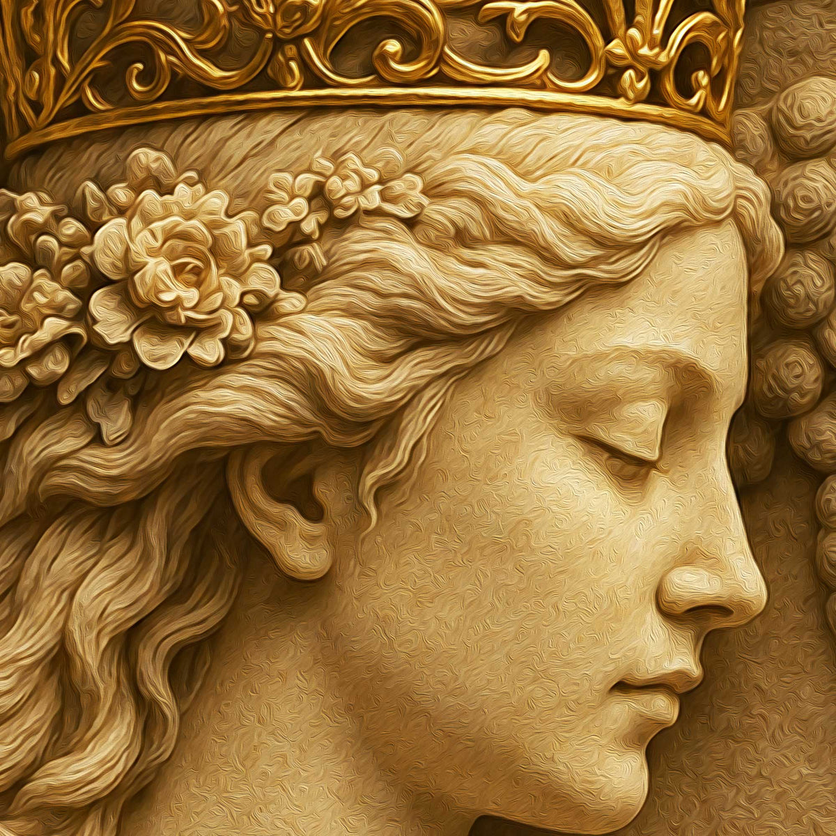 Vertical Persian heritage canvas featuring Rumi poetry, gold crown details, carved stone texture and floral border