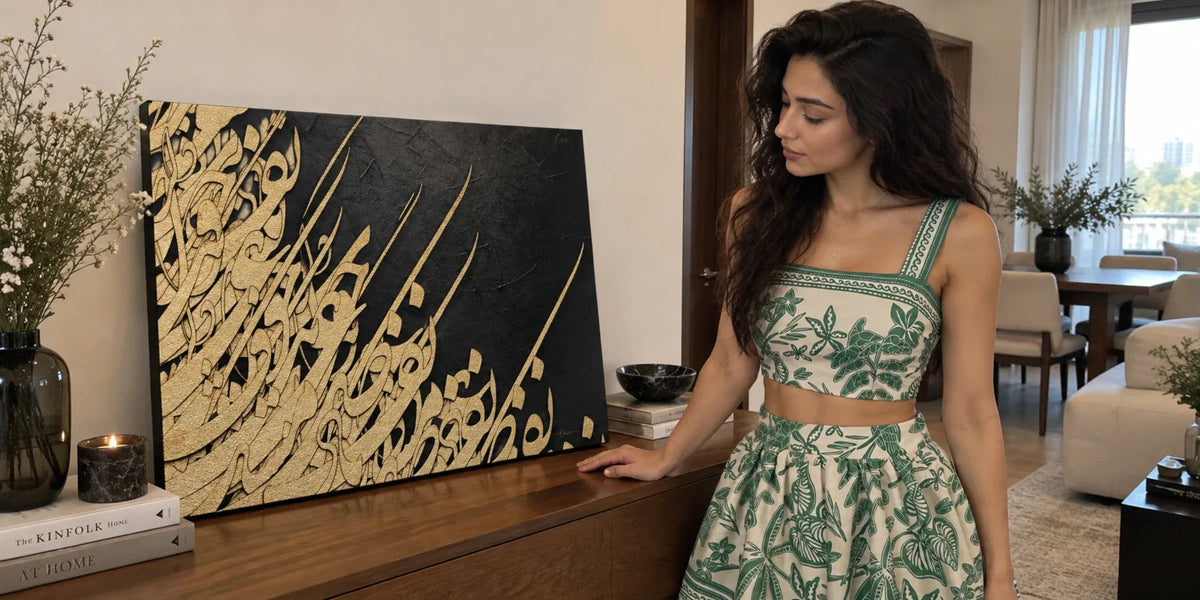 Hafez's couplet in Persian calligraphy over a Black-Gold floral design, on the Nafas-e Bad-e Sabaa canvas by ORIAVI
