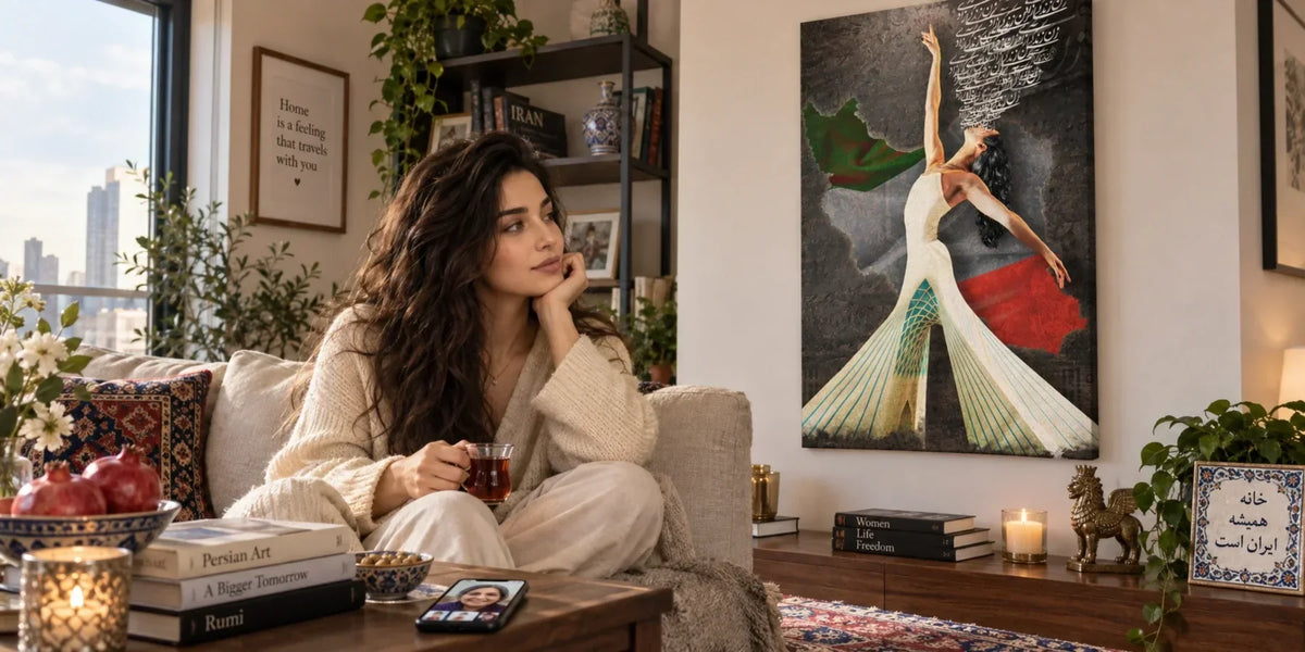 Iran wall art and the symbols of home: Persepolis, the Faravahar, the lion and sun and Persian calligraphy