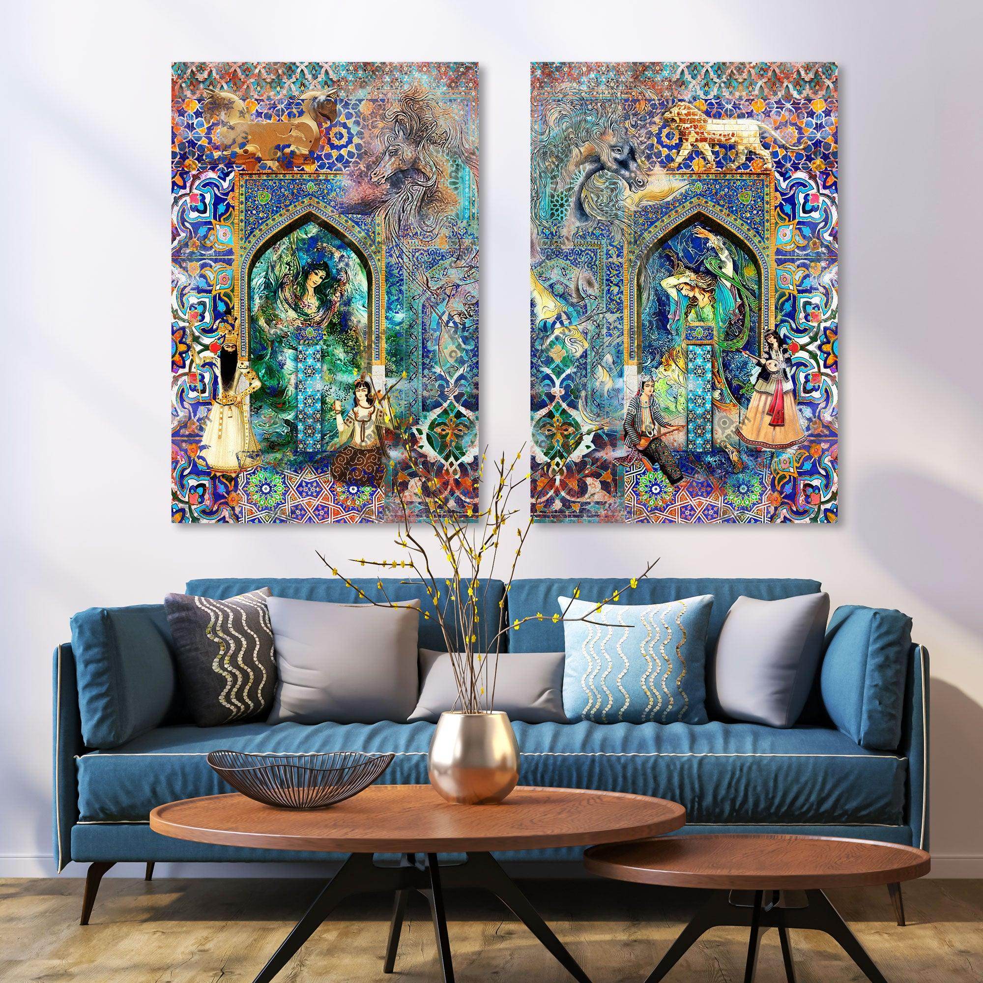 Persian miniatures on tiles (2 Piece) | Persian Wall Art | Persian Home Wall Decor - ORIAVI