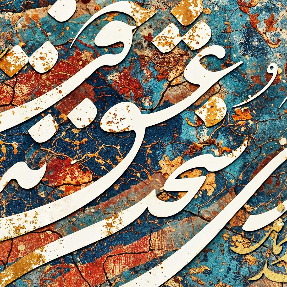 Close-up detail of the Iran Is My Voice of Love Persian Carpet Hafez calligraphy canvas, detail 1