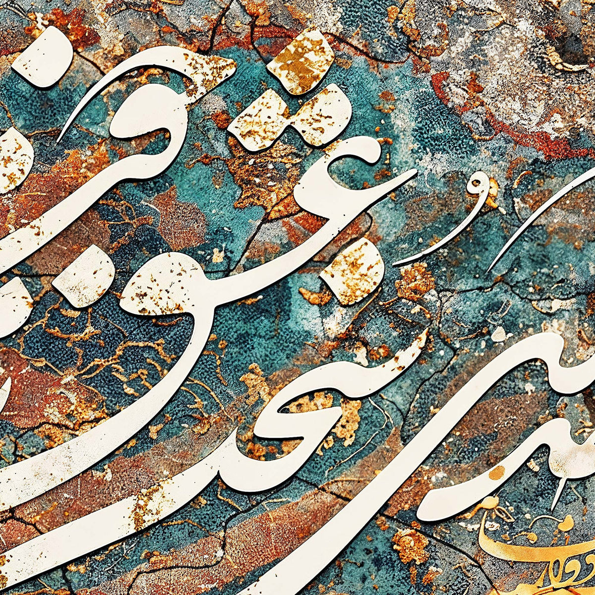 Close-up detail of the Iran Is My Voice of Love Antique Slate Hafez calligraphy canvas, detail 1