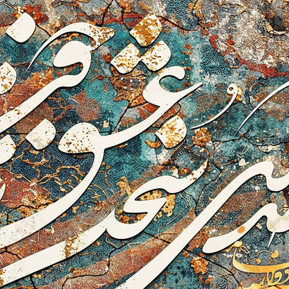 Close-up detail of the Iran Is My Voice of Love Antique Slate Hafez calligraphy canvas, detail 1