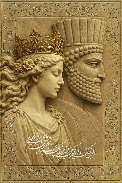 Vertical Rumi Persian wall art in beige and gold with calligraphy, royal figures and Achaemenid-inspired relief details
