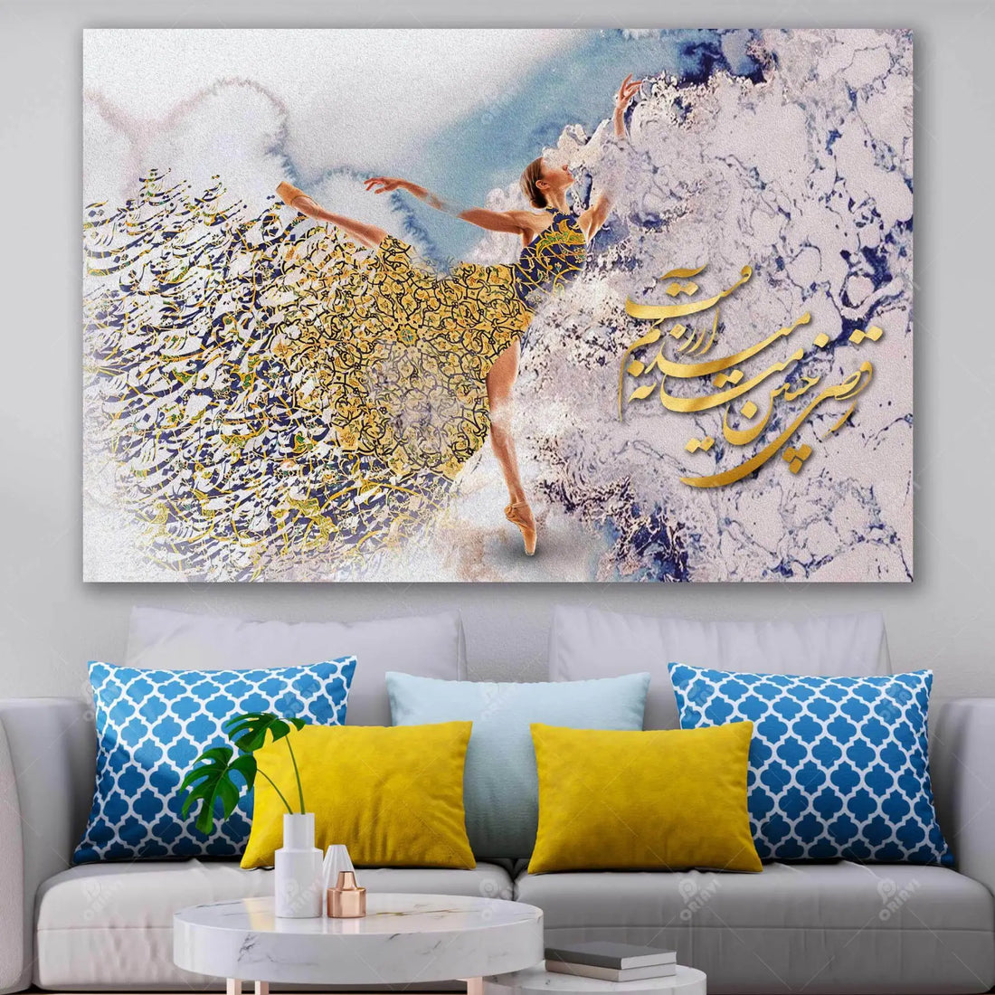 Dance Is My Desire Persian canvas displayed above a modern gray sofa