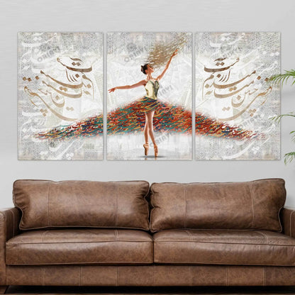 A white whirling dancer across three panels with Rumi&