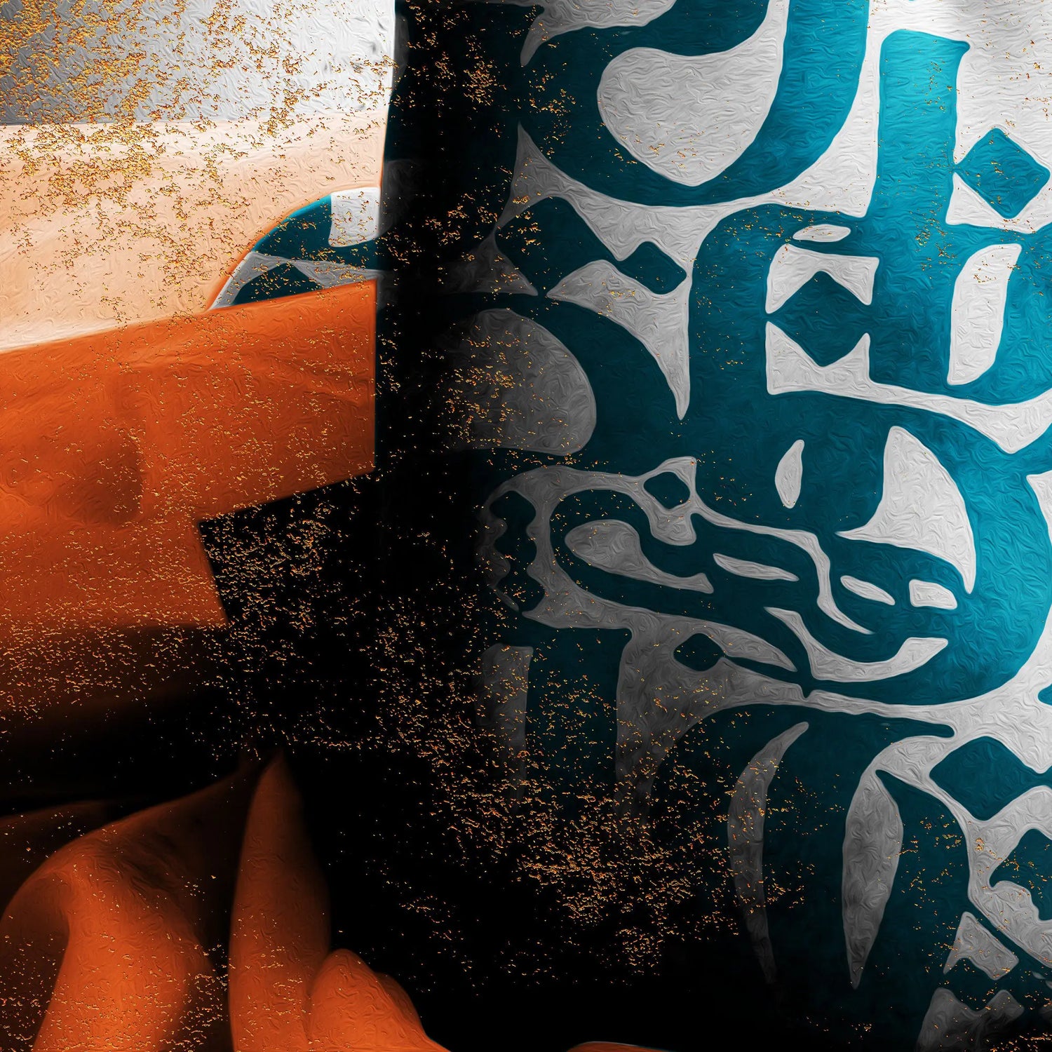 Donya Hame Hich canvas detail with Rumi-inspired modern Persian calligraphy in turquoise, black, gold and burnt orange