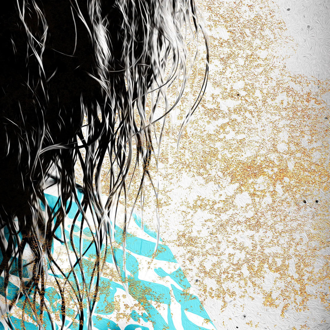 Donya Hame Hich close-up with Rumi-inspired modern Persian calligraphy, black hair, turquoise lettering and gold texture