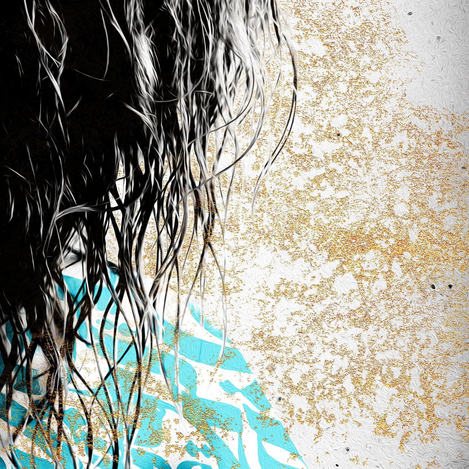 Donya Hame Hich close-up with Rumi-inspired modern Persian calligraphy, black hair, turquoise lettering and gold texture