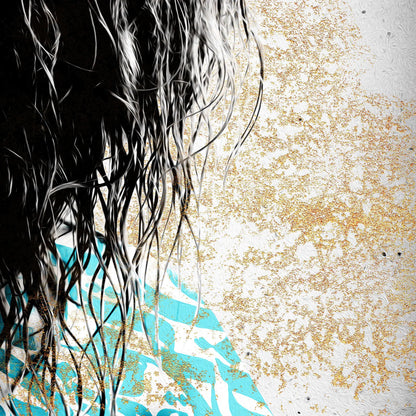 Donya Hame Hich close-up with Rumi-inspired modern Persian calligraphy, black hair, turquoise lettering and gold texture