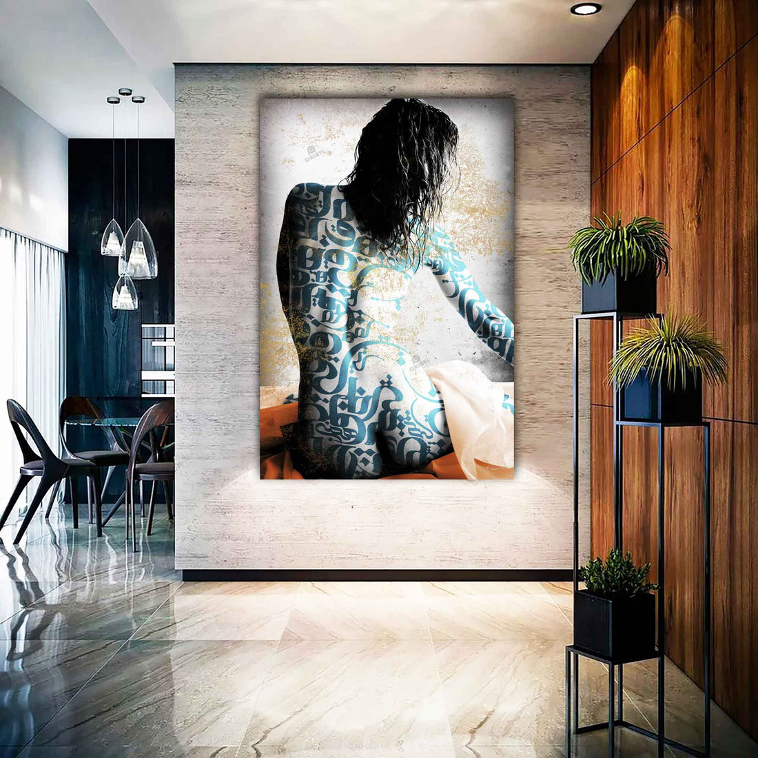 Donya Hame Hich wall art with Rumi-inspired modern Persian calligraphy in turquoise, black and gold, shown in a contemporary room