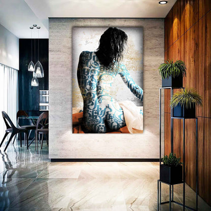 Donya Hame Hich wall art with Rumi-inspired modern Persian calligraphy in turquoise, black and gold, shown in a contemporary room
