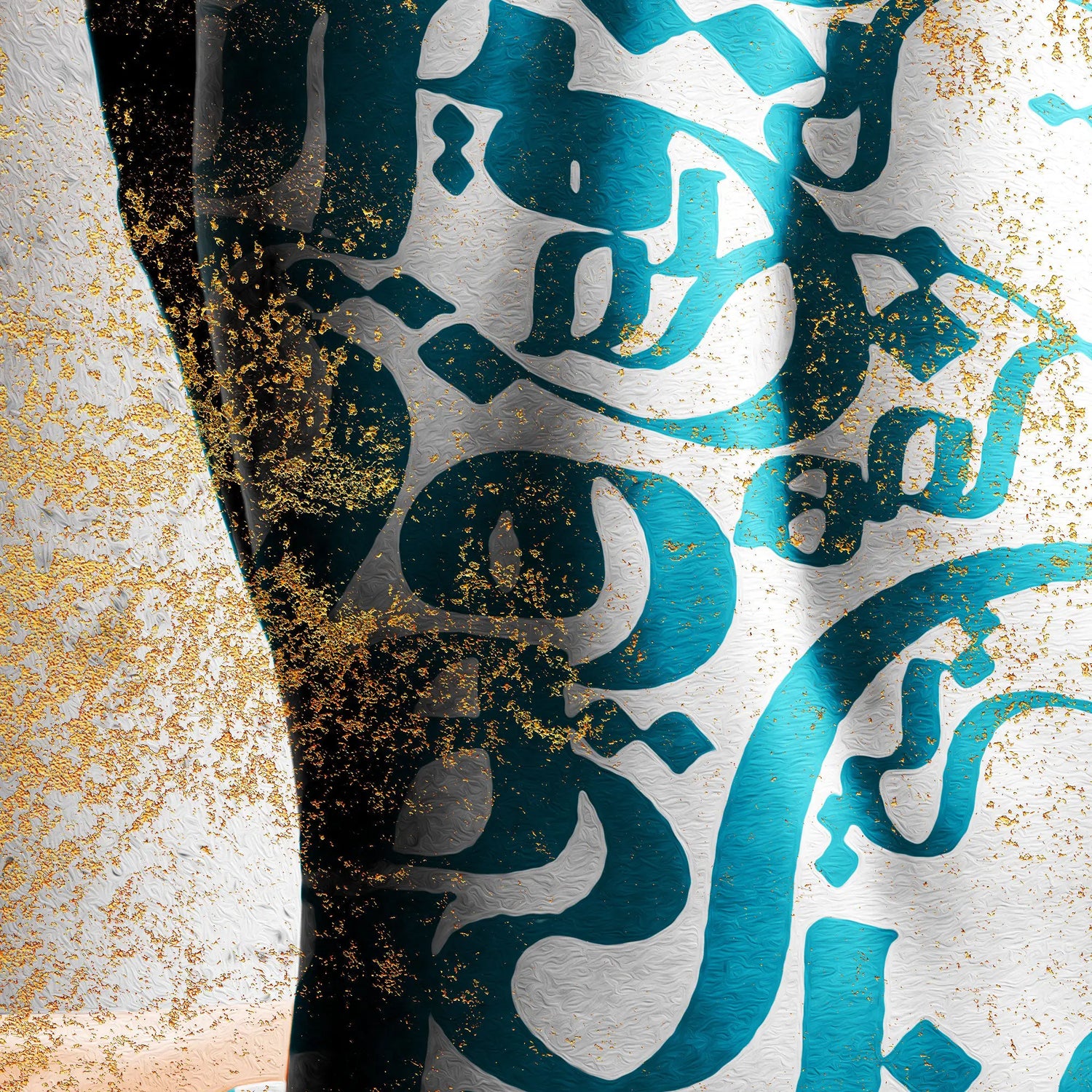 Close-up of Donya Hame Hich canvas with Rumi-inspired modern Persian calligraphy in turquoise, black, white and gold