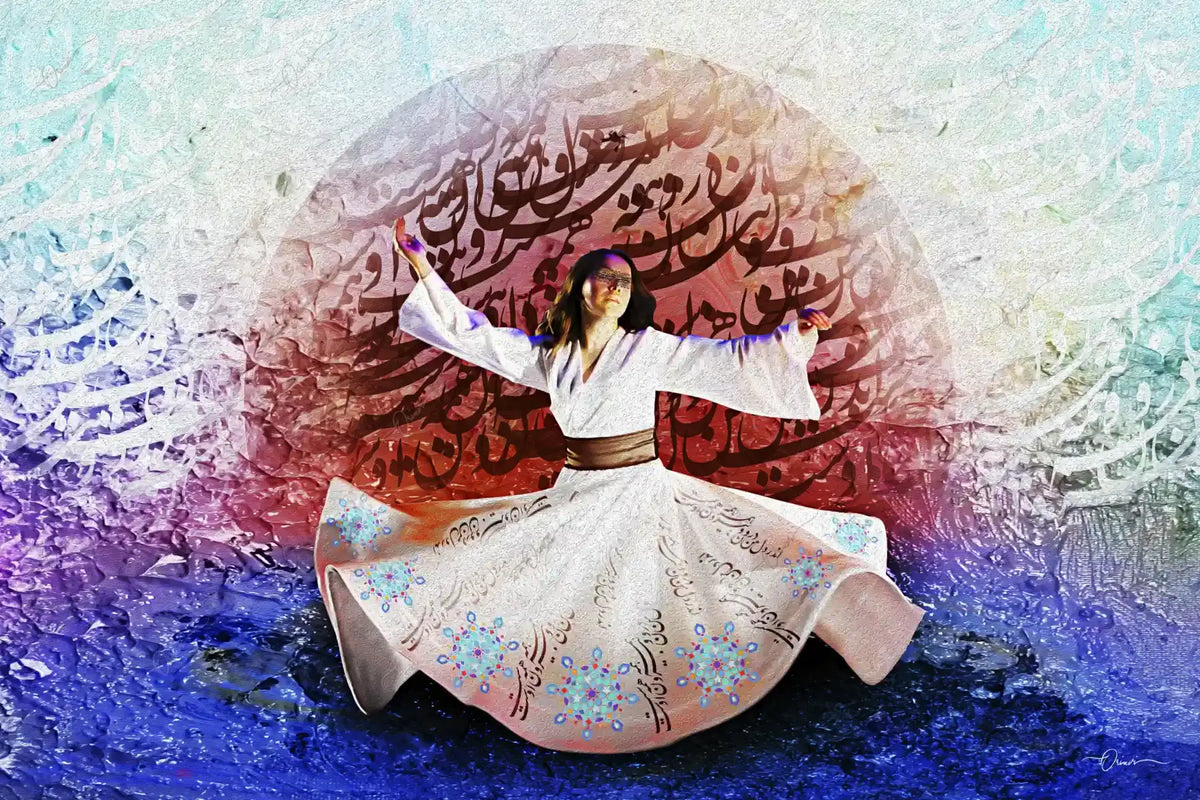 Hame Oust — Rumi Whirling Dancers Persian Canvas