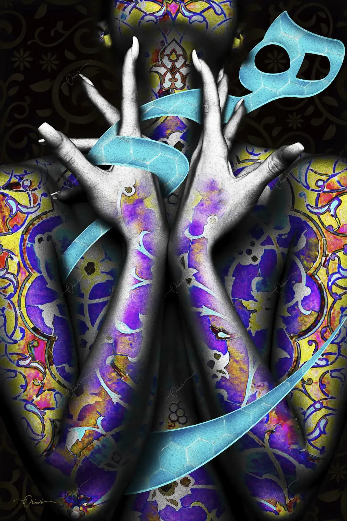 Hich — Turquoise Hands Persian Calligraphy Canvas