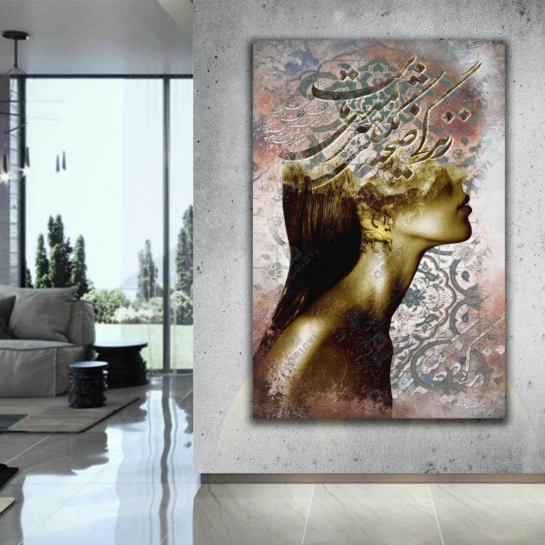 Life Is the Only Stage portrait canvas displayed on a wall in a styled room setting
