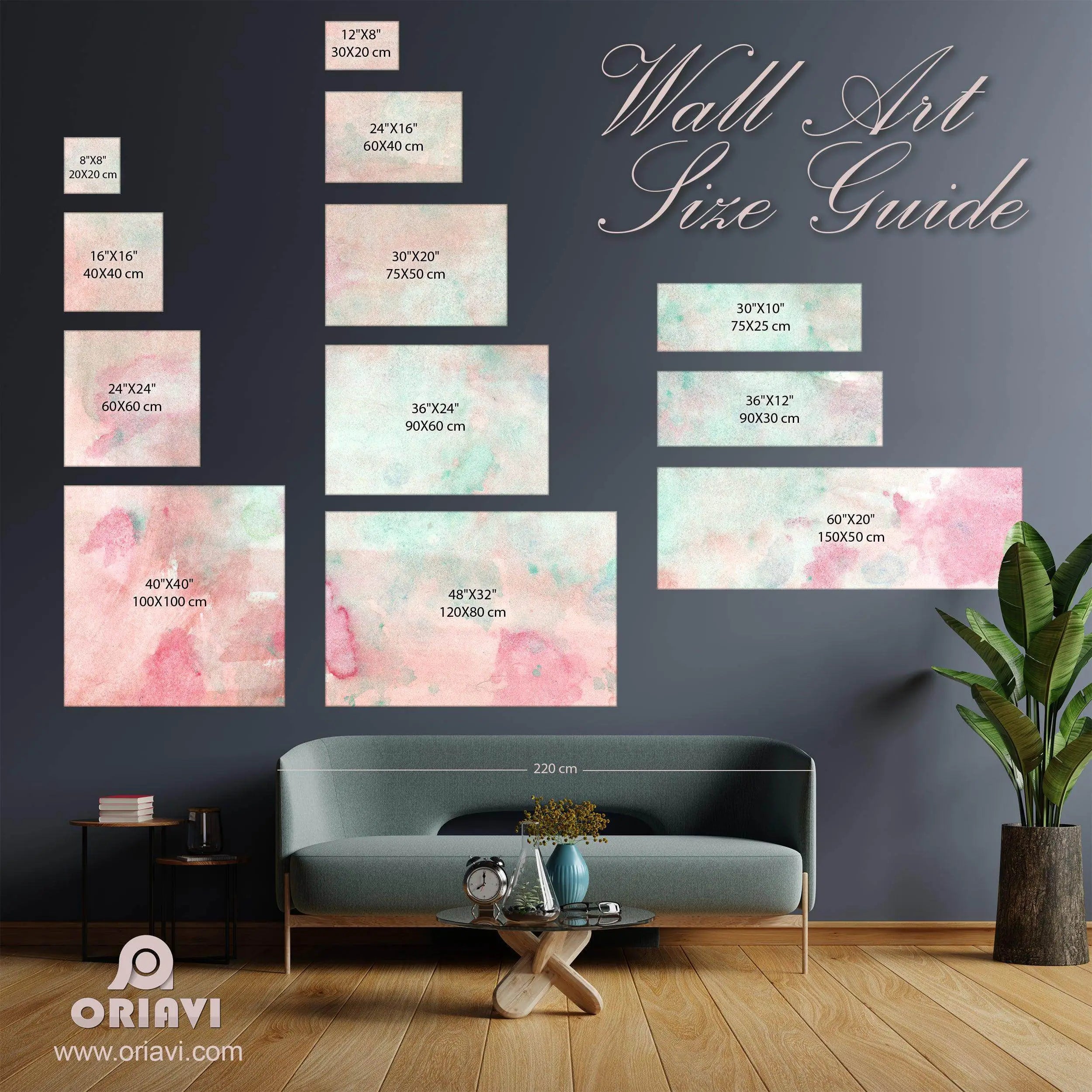 ORIAVI canvas wall art size guide with inch and centimeter dimensions shown above a sofa