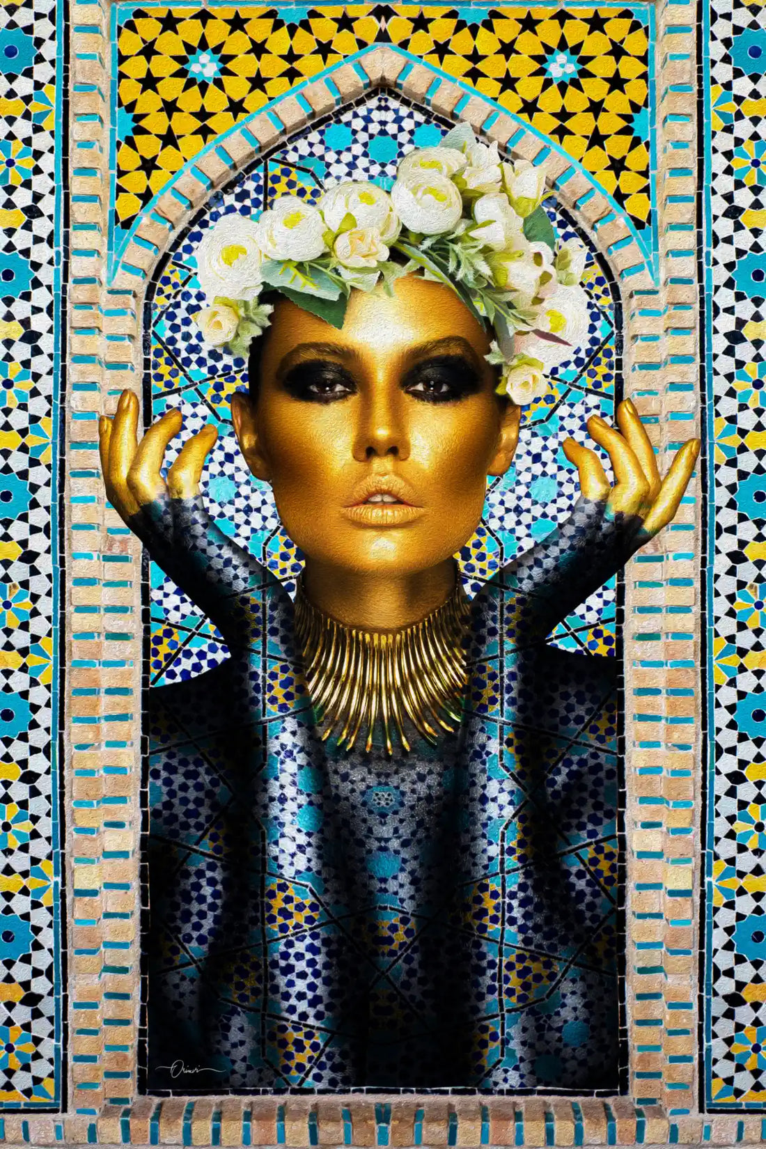 Persian Tile Girl — Persian Mosaic Portrait Canvas
