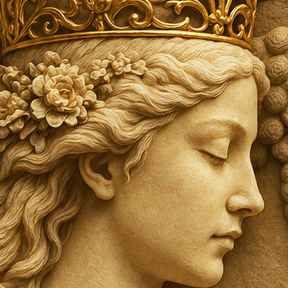 Vertical Persian heritage canvas featuring Rumi poetry, gold crown details, carved stone texture and floral border