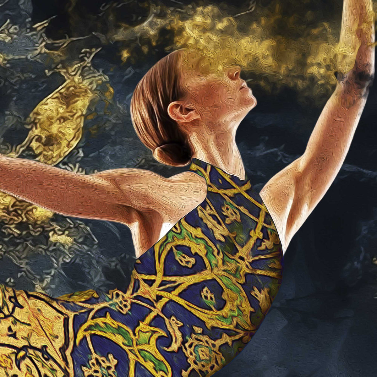 Rumi-inspired Persian wall art with gold calligraphy and a dancer on a midnight blue background