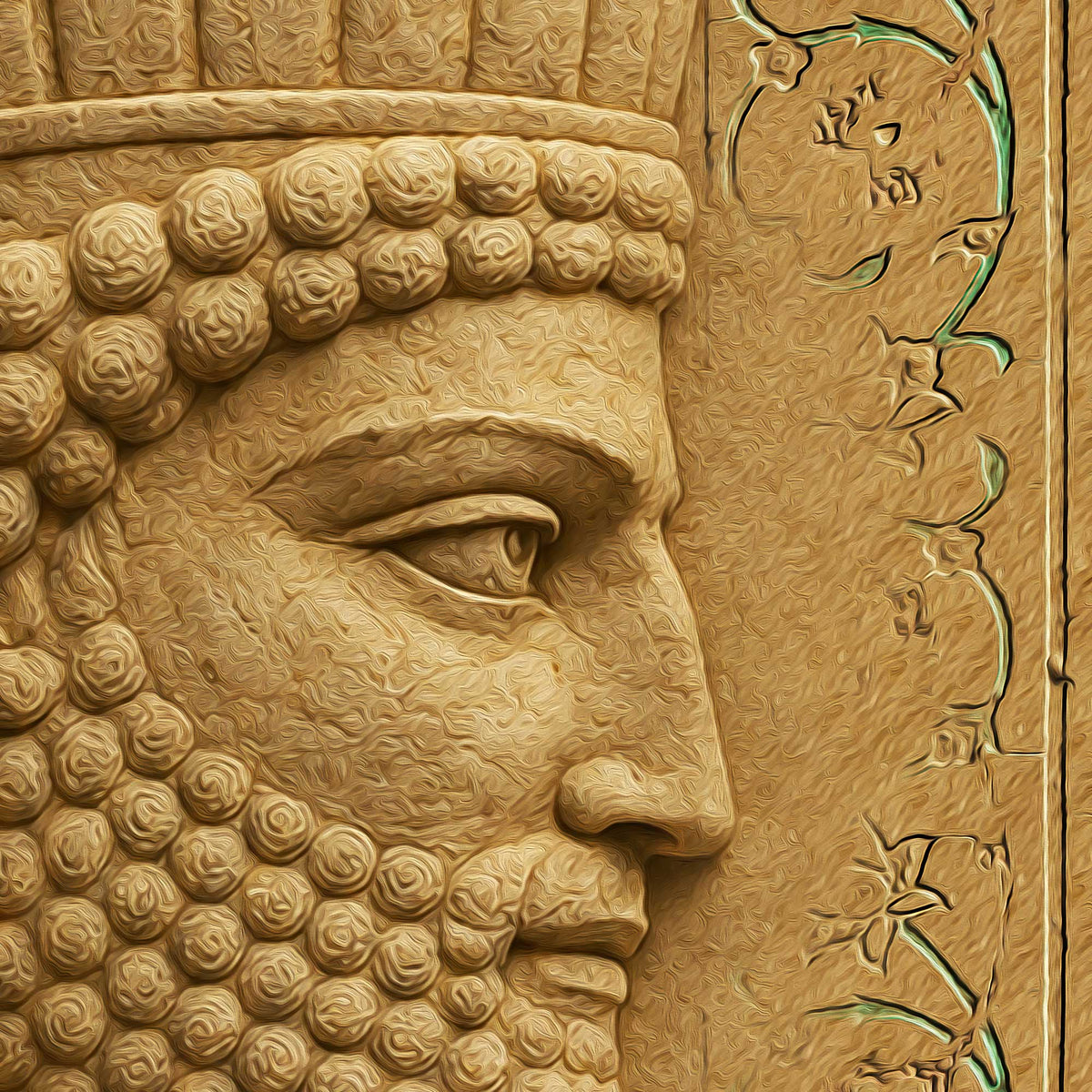 Rumi Persian calligraphy wall art in portrait format with antique relief texture and ancient Persian motifs