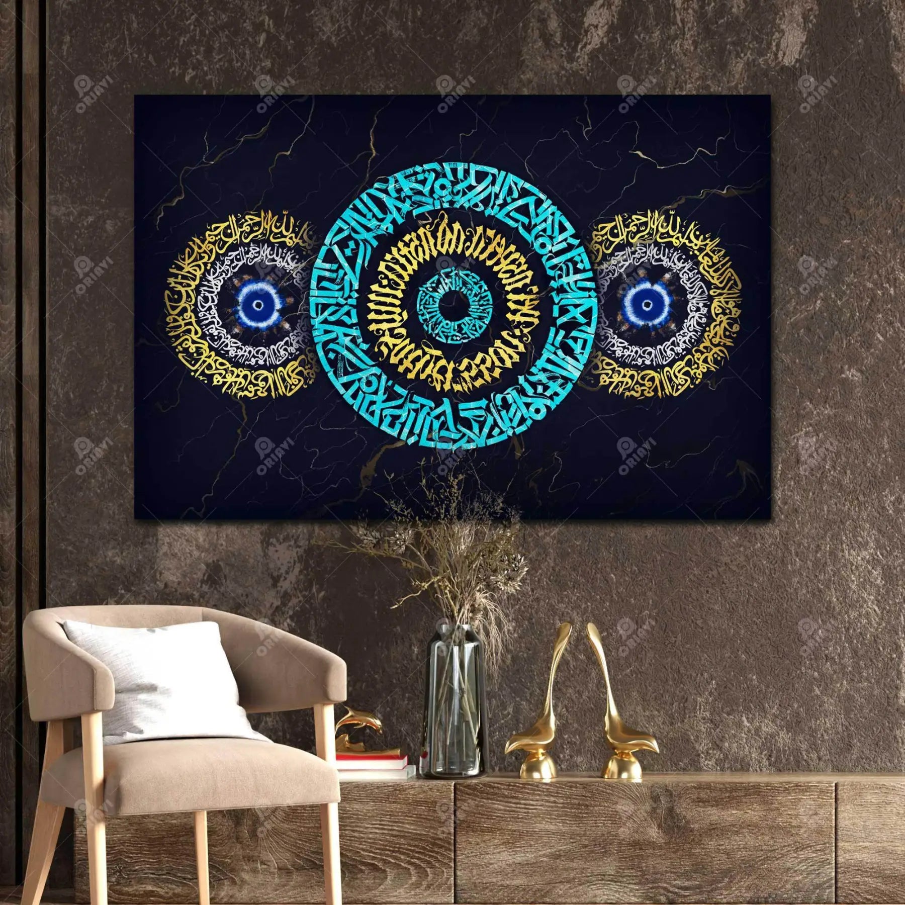 Wa In Yakad — Navy Triple Nazar Calligraphy Canvas
