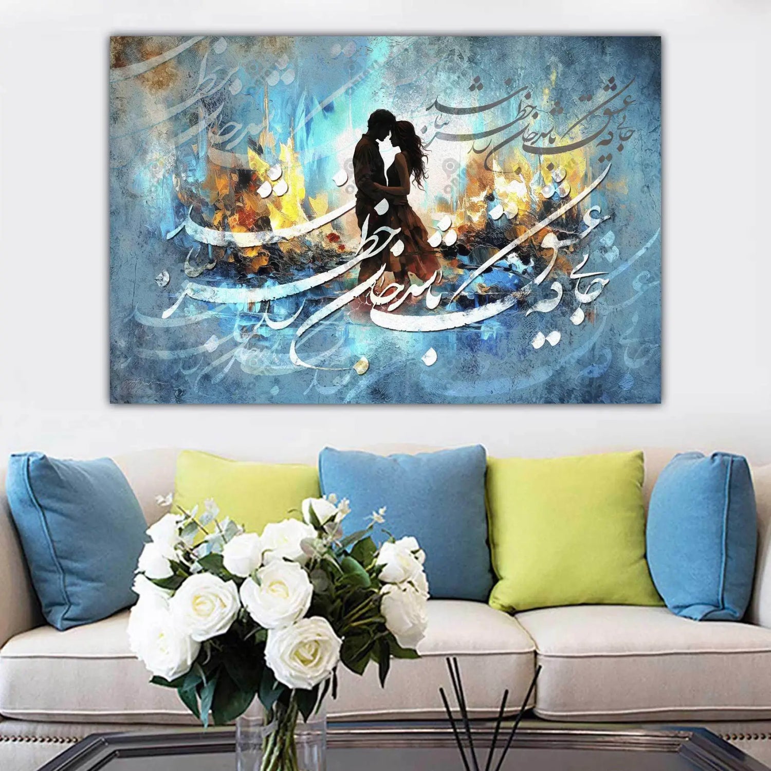 Where There Is Love — Blue Couple Persian Calligraphy Canvas