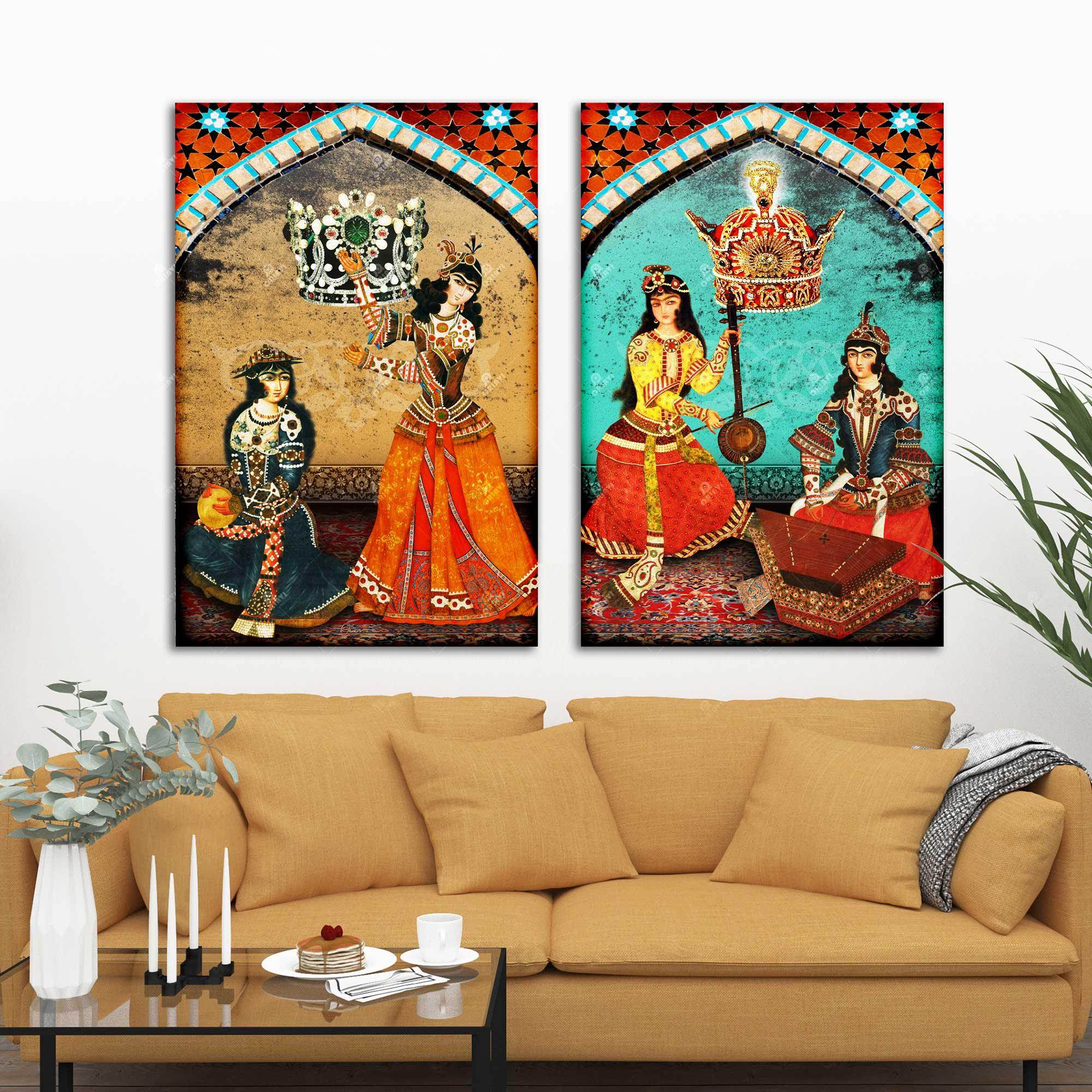 A Pahlavi-era portrait overlaid with Persian nastaliq calligraphy — Bazm-e Doostan diptych