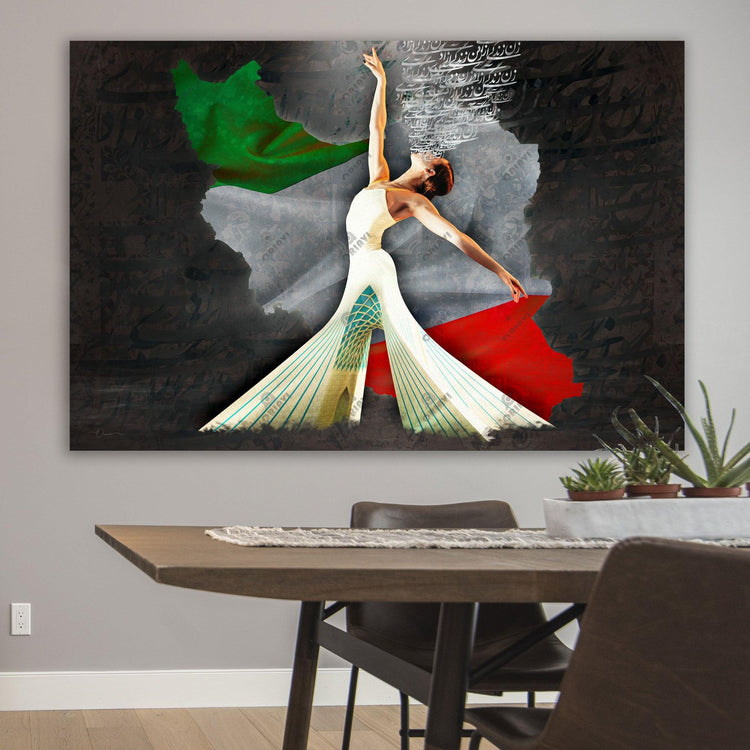 Introducing our stunning Persian wall art featuring the empowering slogan "Woman Life Freedom" combined with the beauty of dance and the iconic Azadi Tower.  Jin - Jiyan - Azadi Women, Life, Freedom زن، زندگی، آزادی 