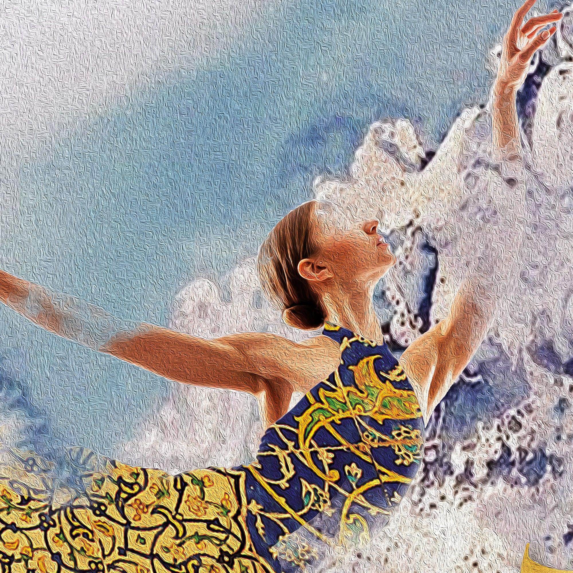 Close-up of a ballet dancer in the Rumi Persian calligraphy artwork