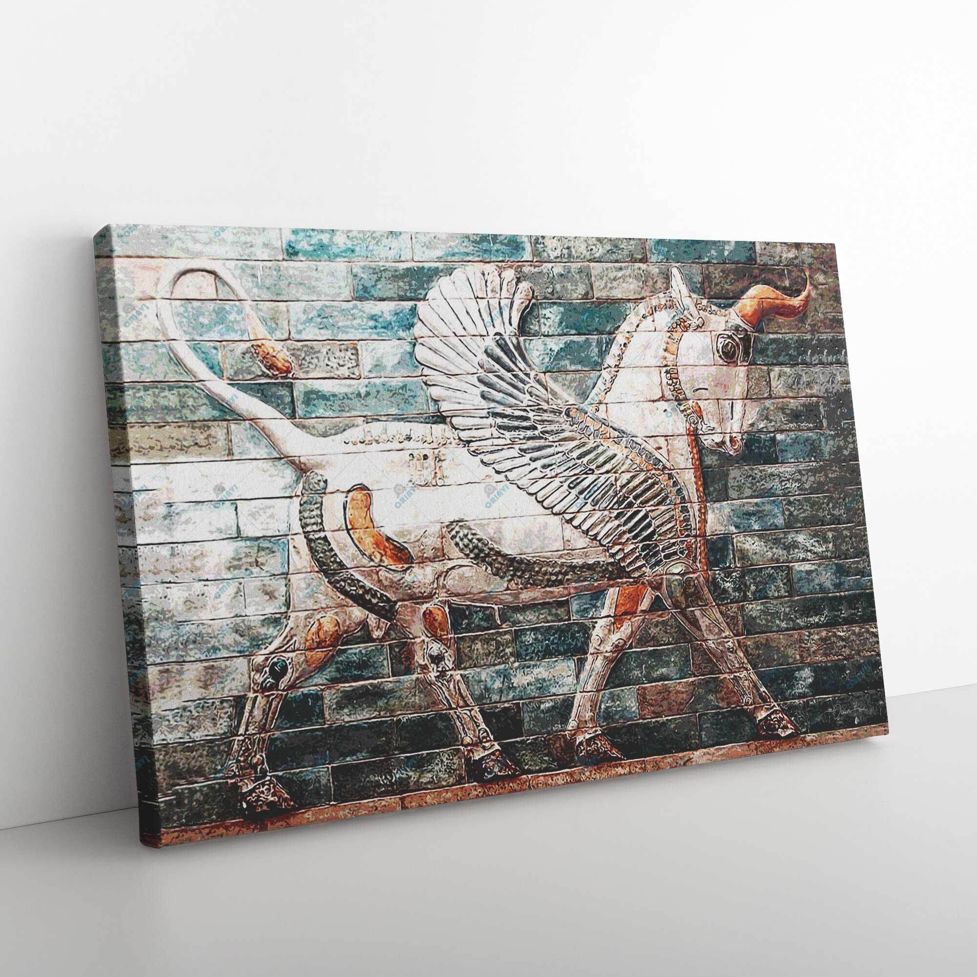 Unicorn from Apadana Persian canvas displayed in an interior setting, view 5