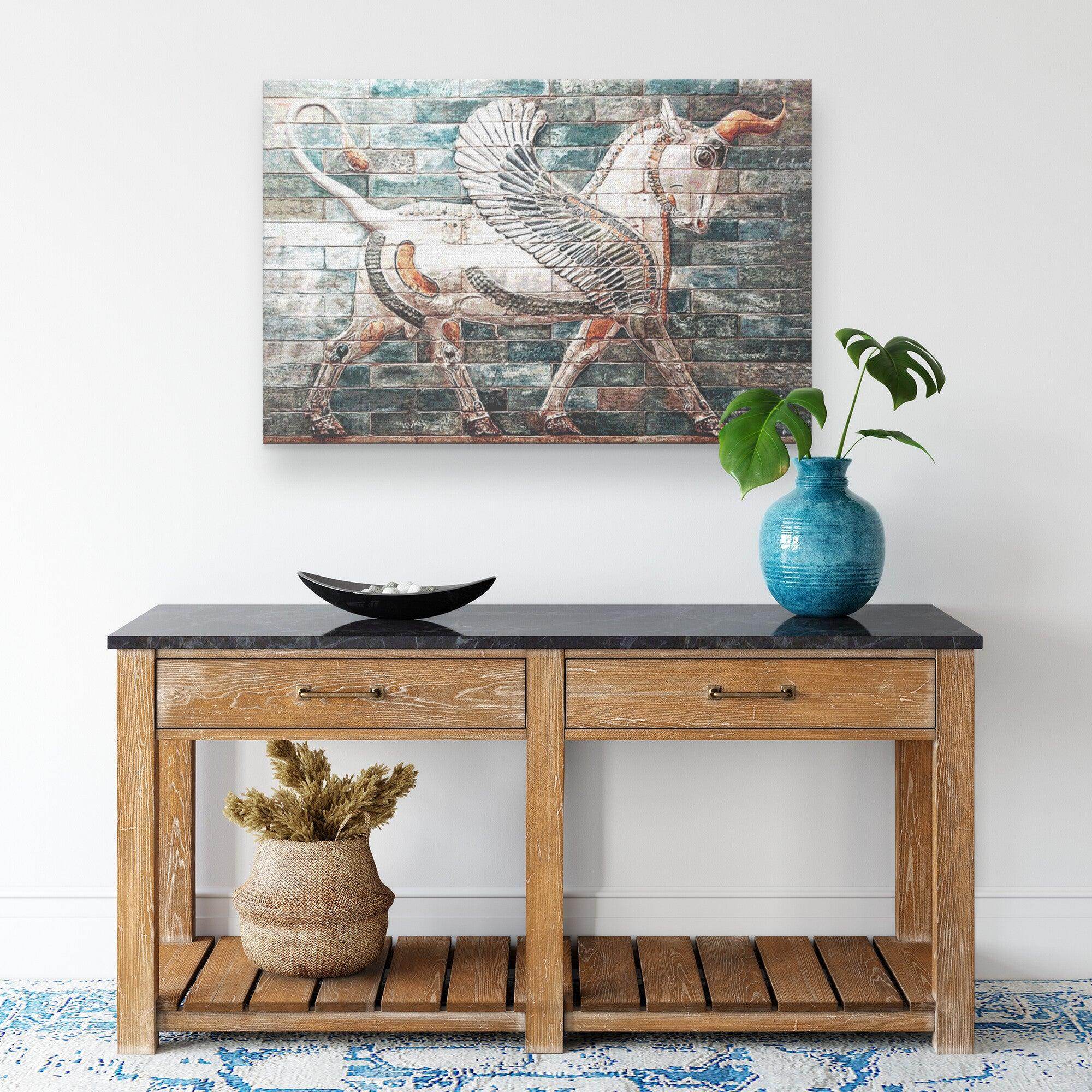 Unicorn from Apadana Persian canvas displayed in an interior setting, view 4