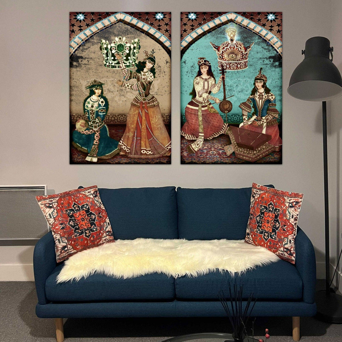 Bazm e Doostan -Pahlavi (2 Piece) 64"x48" (32"x48" ea.) | Persian Wall Art - ORIAVI Persian Art, persian artwork for sale, persian calligraphy, persian calligraphy wall art, persian mix media wall art, persian painting, persian wall art