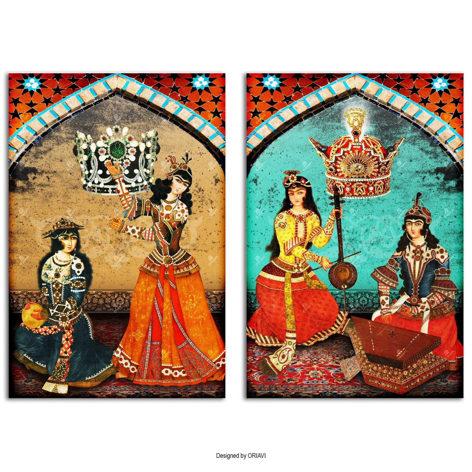 Persian wall art, High Quality and Ready to Hang. In this design, old Iranian murals and the Pahlavi Crown have been used. The Pahlavi Crown (Persian: تاج پهلوی) was the coronation crown used during the Pahlavi dynasty (1925–1979). It is held amongst the Iranian crown jewels by the current government of Iran.This Modern Persian Wall décor completes and elevates your home. Amazing and eye-catching for your home or office.