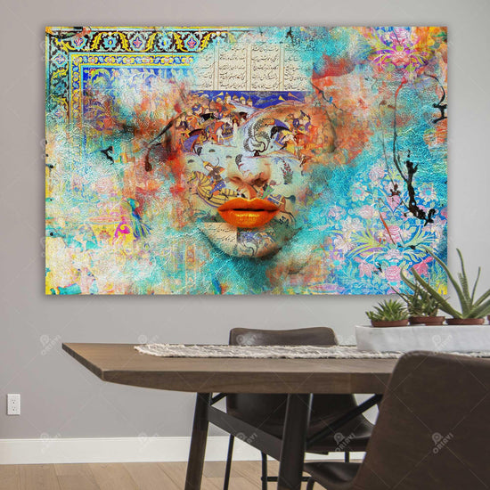The design is a stunning painting of abstract calligraphy art by an Iranian artist. The colors used are vivid and bold, contrasting with each other perfectly to create a powerful and striking piece of art. modern persian art, iranian wall art canvas, iranian canvas art, iranian art canvas